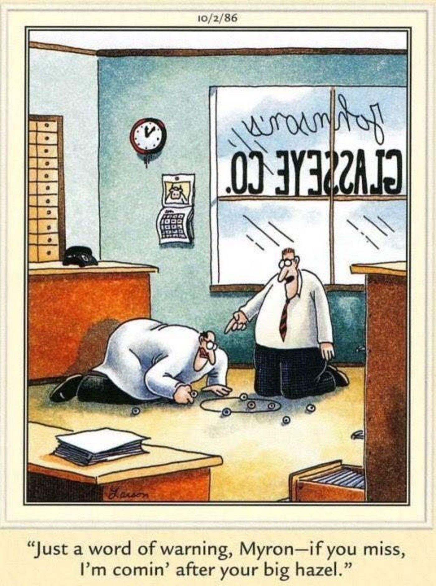 The Far Side, two office workers play marble with glass eyes