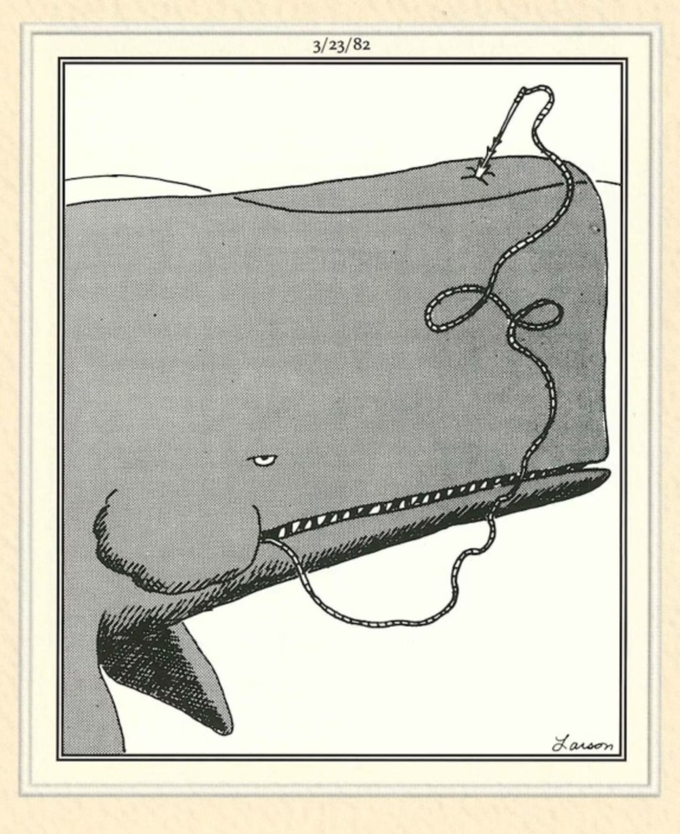 the far side, a whale with a harpoon shot in his nose from the person in its mouth.