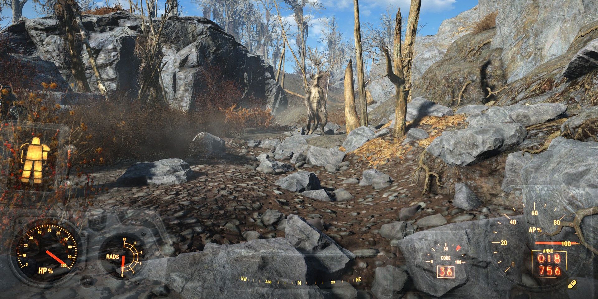The friendly deathclaw standing on its hind legs in Fallout 4