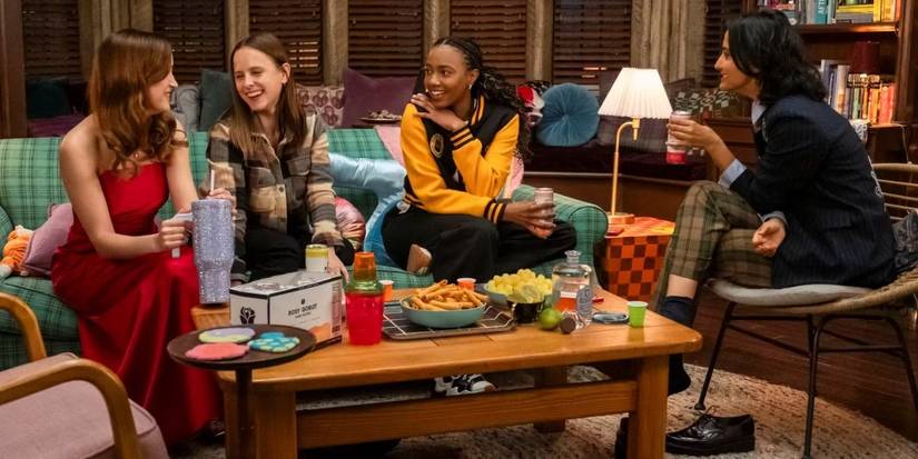 The girls all sitting together in their apartment in The Sex Lives of College Girls season 3 episode 10.
