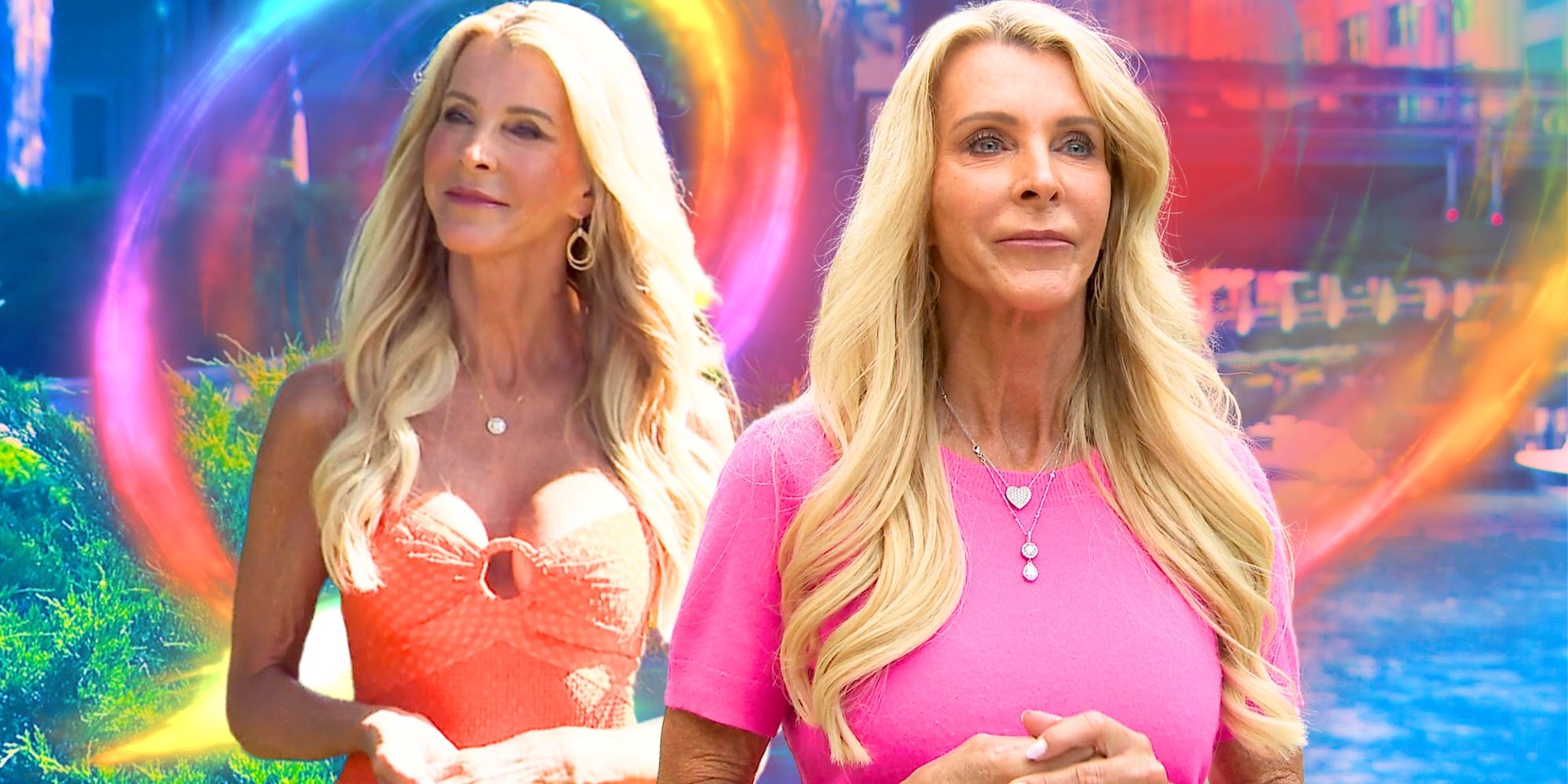 The Golden Bachelorette’s Joan Vassos in a collage with a rainbow swirl in the background.