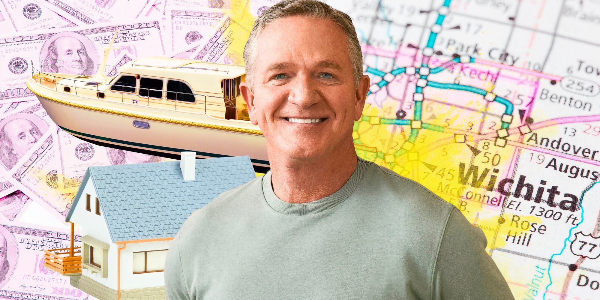 the golden bachelorette star chock chapple smiling in montage with wichita map background and boat