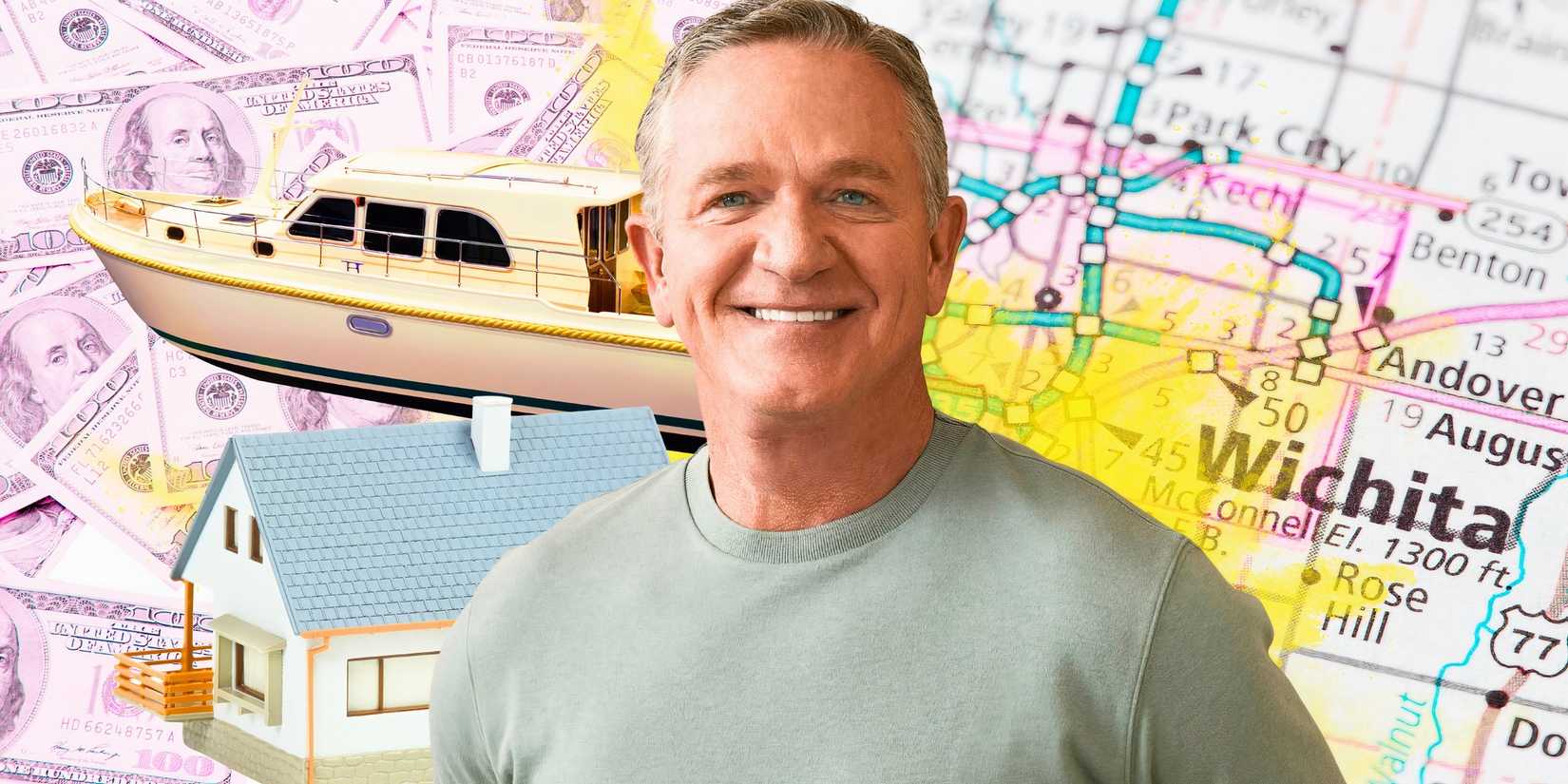the golden bachelorette star chock chapple smiling in montage with wichita map background and boat
