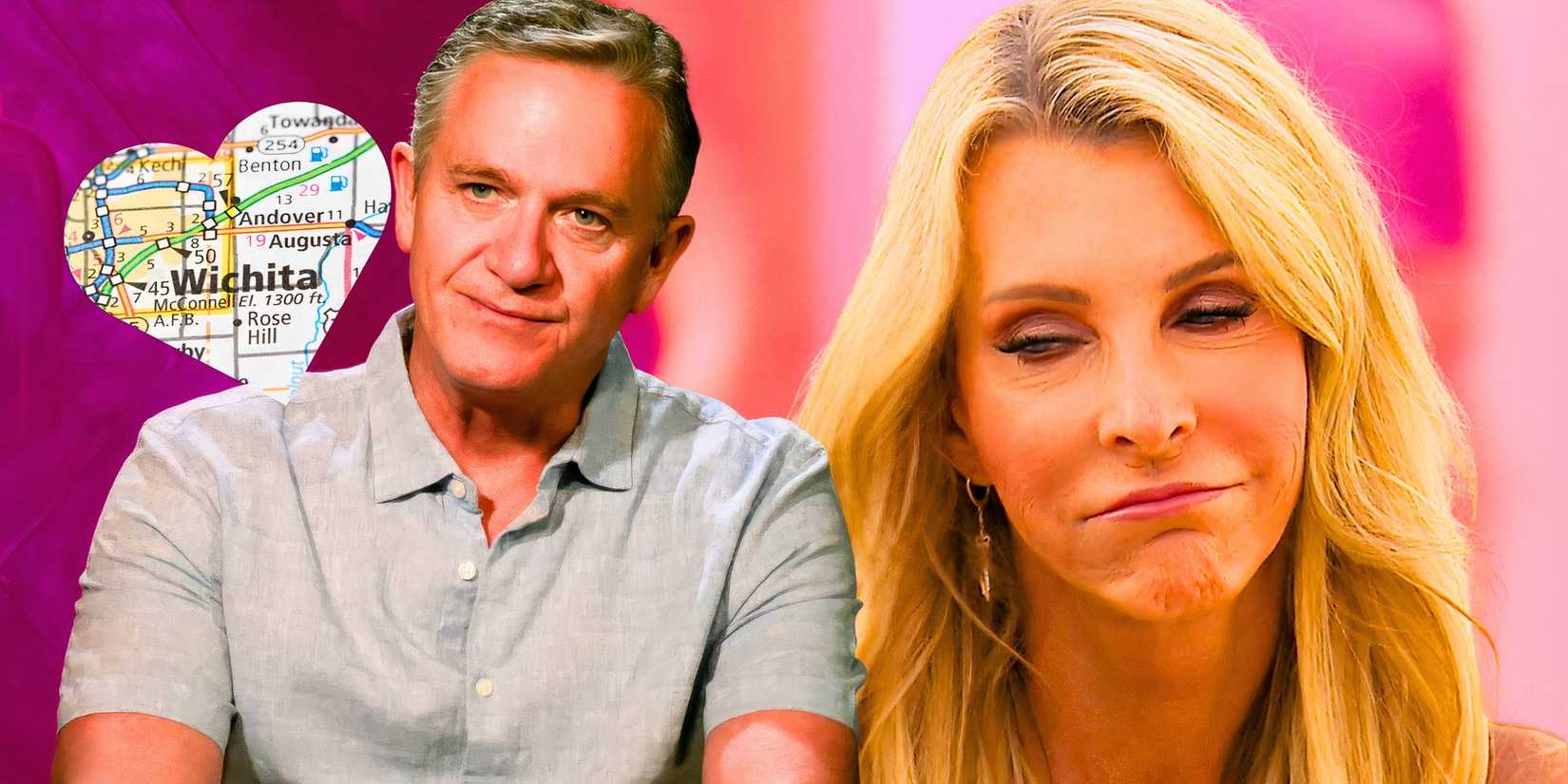 the golden bachelorette stars chock chapple and joan vassos in a montage with a Wichita map that's heart shaped