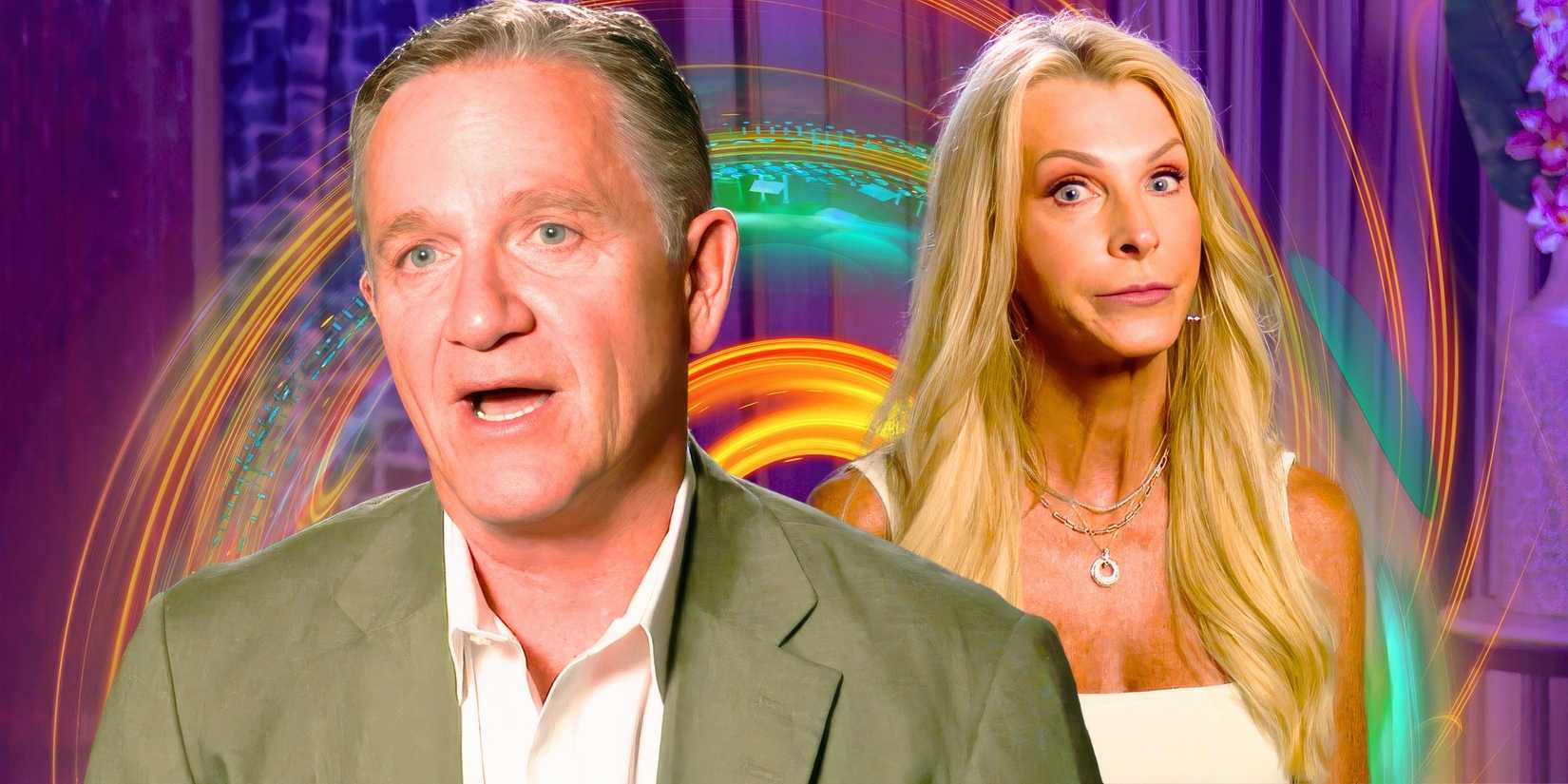 The Golden Bachelorette stars chock chapple and joan vassos looking upset with a multicolored background