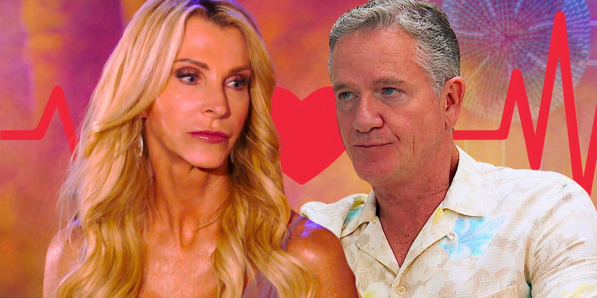 The Golden Bachelorette stars joan vassos and chock chapple in serious montage with heart rate background