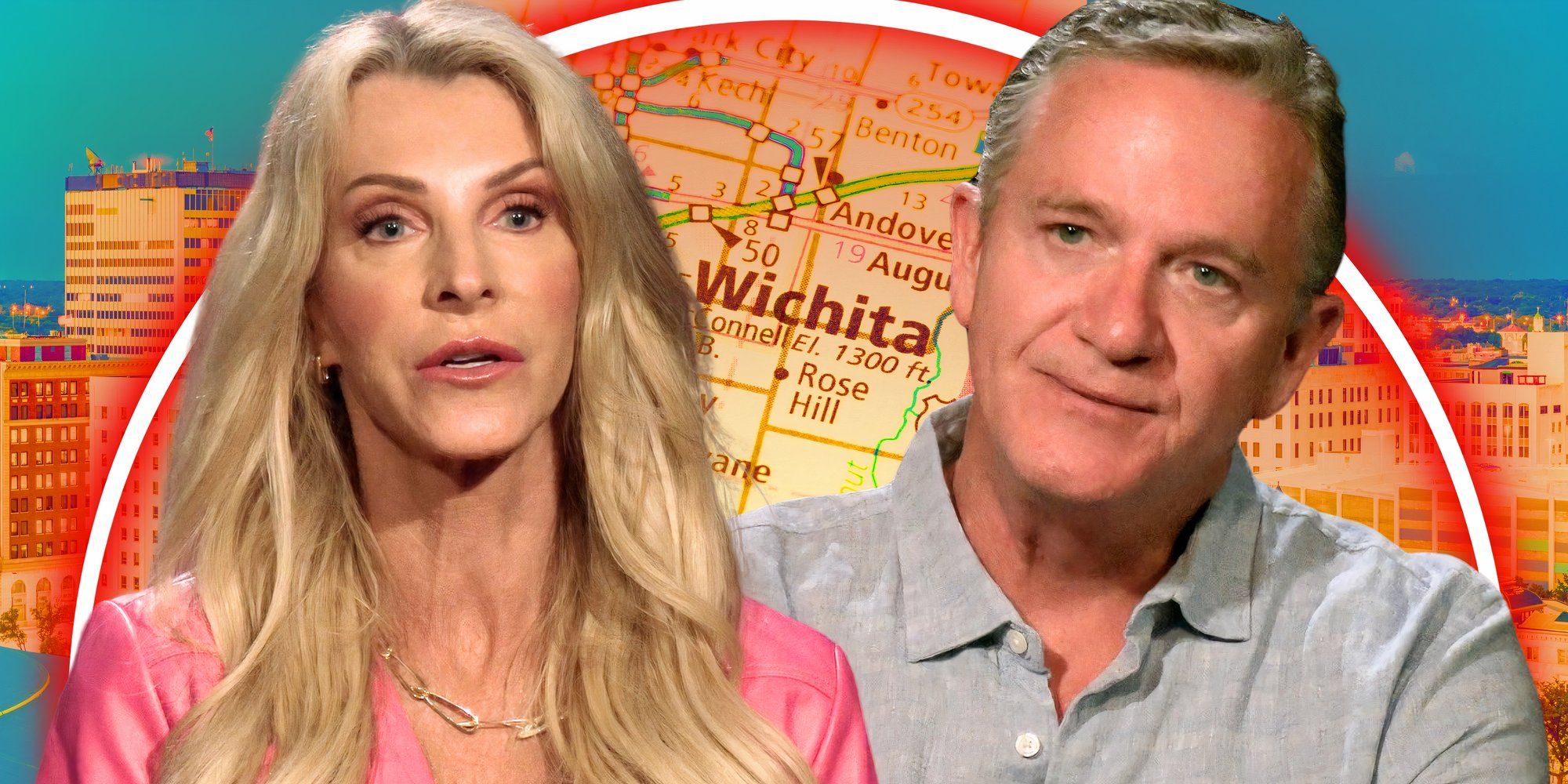 The Golden Bachelorette stars Joan Vassos and Chock Chapple smiling slightly in montage with Wichita background