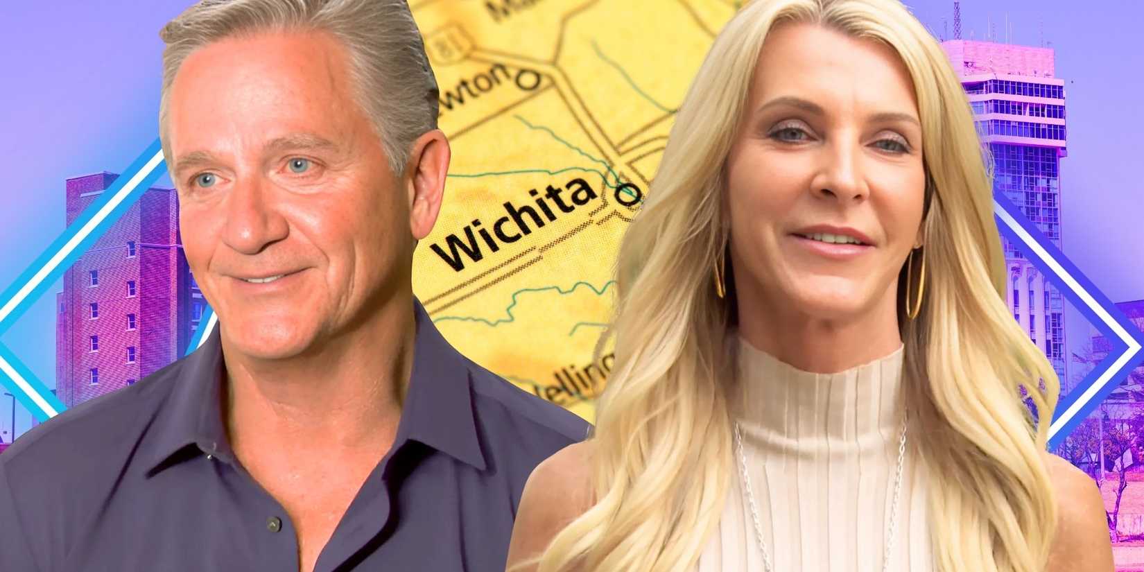 The Golden Bachelorette's Joan Vassos and Chock Chapple collaged over a map of Wichita.