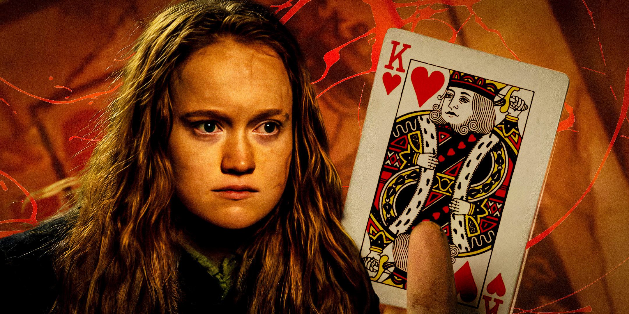 Teen Van (Liv Hewson) looking serious with the King of Hearts card by her in Yellowjackets season 3