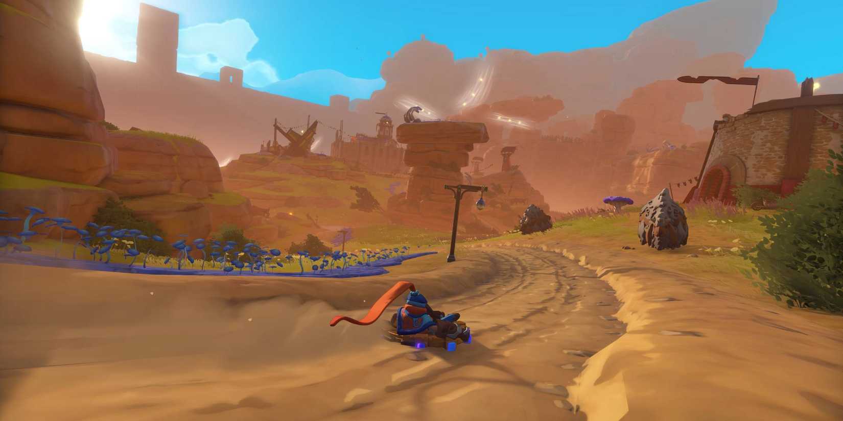 The Knightling riding on their shield in a desert location in The Knightling.