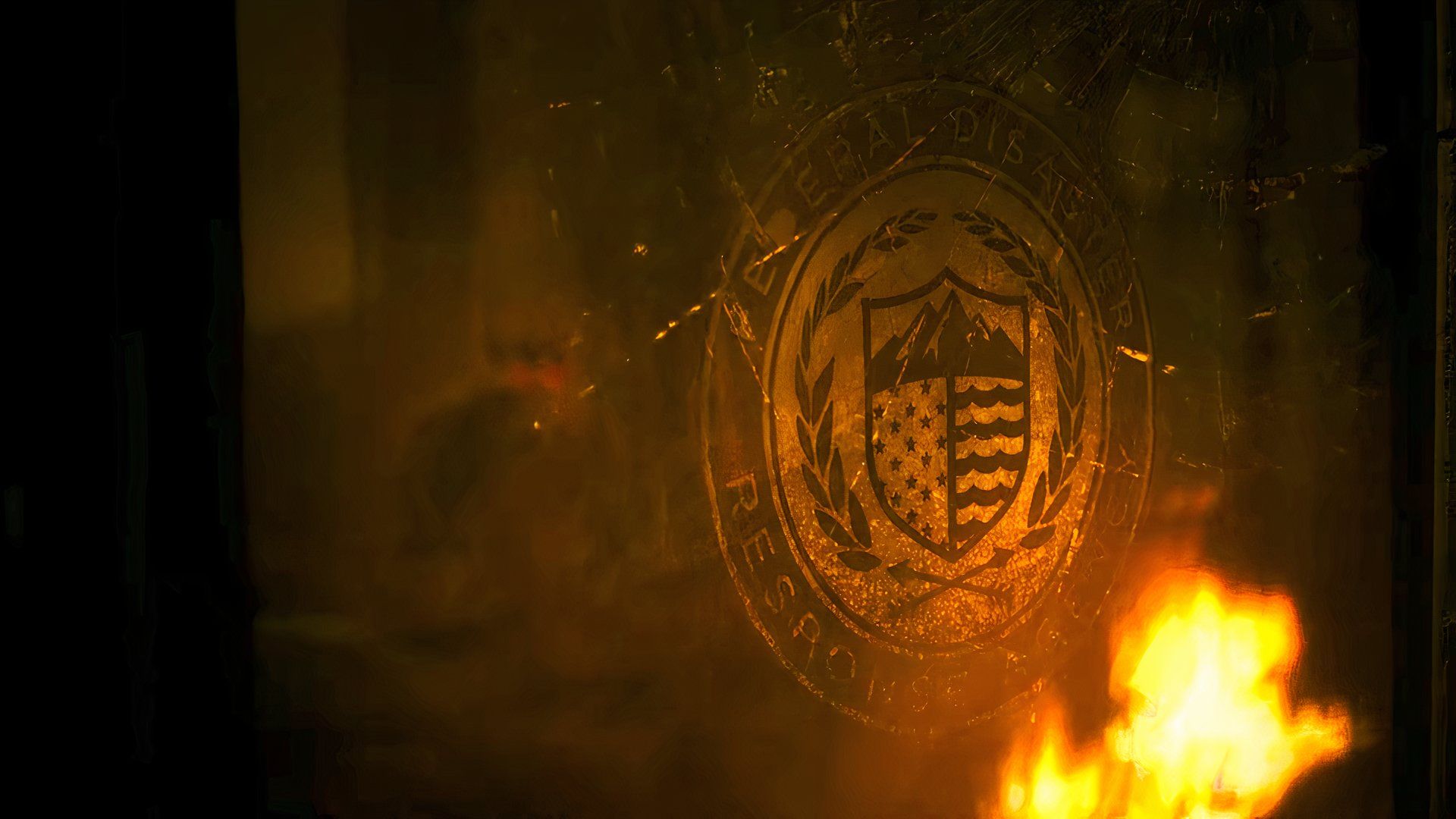 The seal for FEDRA in front of a burning fire in The Last of Us