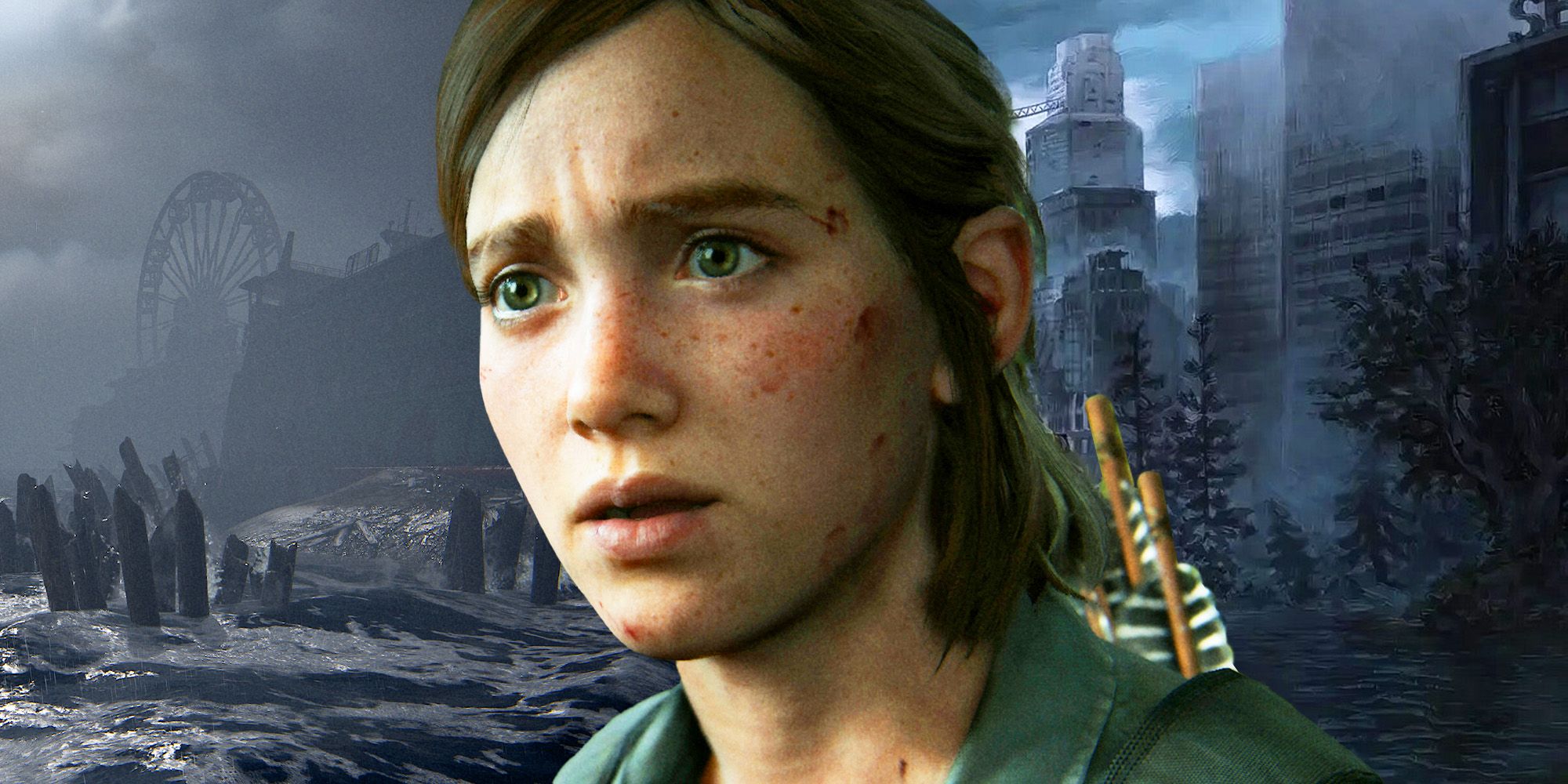 Ellie from The Last of Us Part II gives a shocked expression, while standing in front of a ruined city.