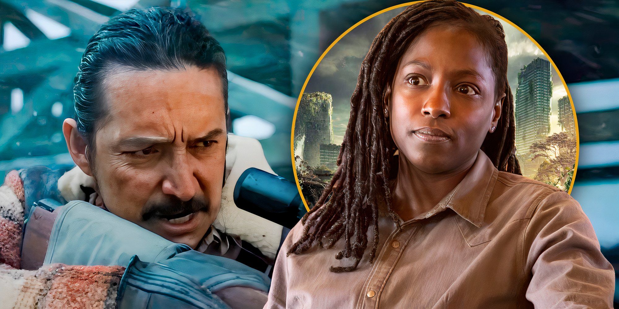 Gabriel Luna as Tommy aiming a gun next to Rutina Wesley as Maria looking serious in The Last of Us season 2