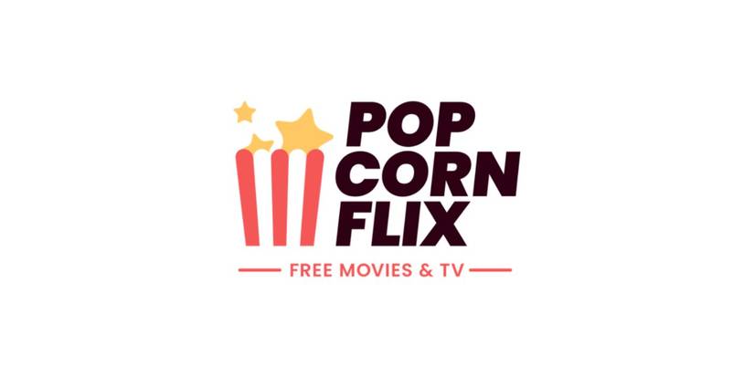 The logo for Popcornflix with a box of popcorn.