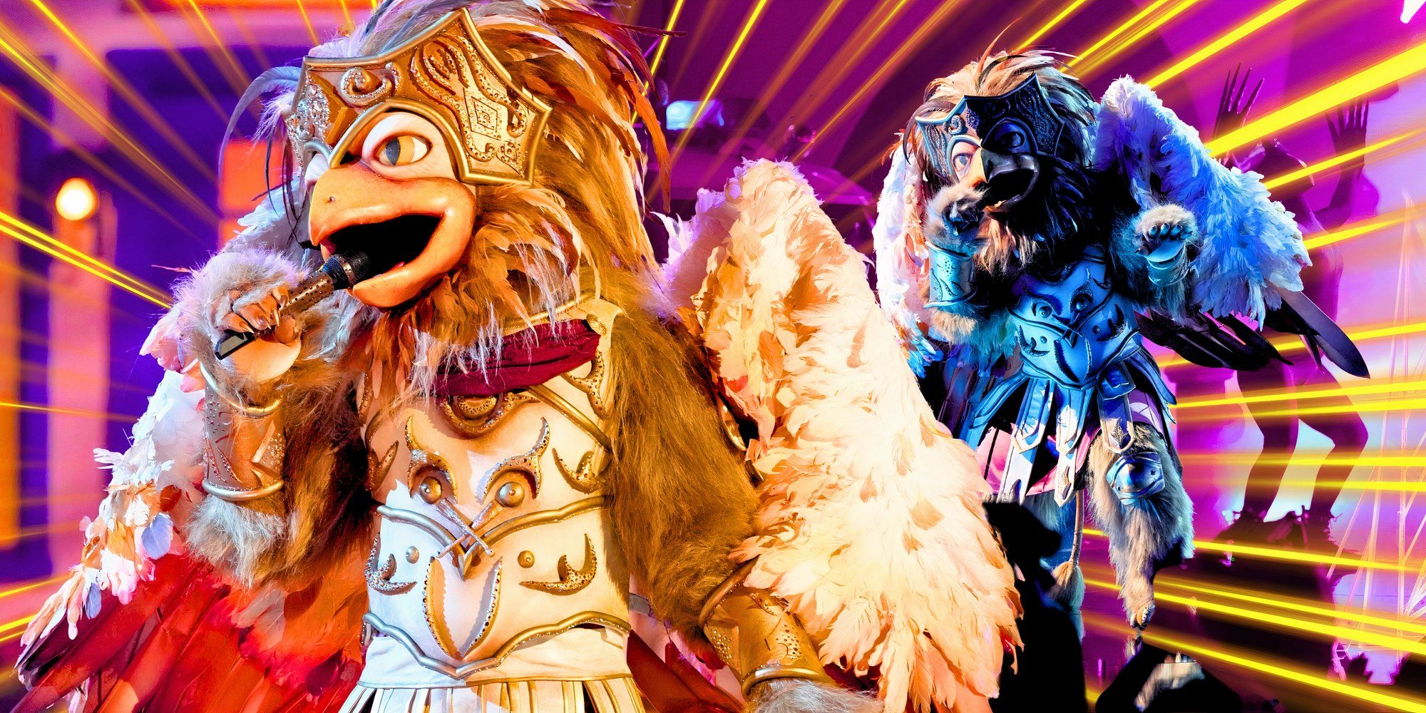 the masked singer character griffin in dramatic montage with purple and yellow background