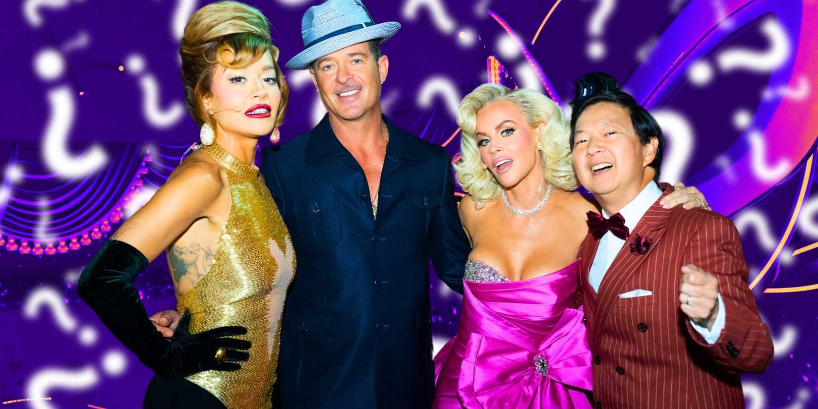 The Masked Singer's Rita Ora, Robin Thicke, Jenny McCarthy and Ken Jeong wearing Rat Pack outfits