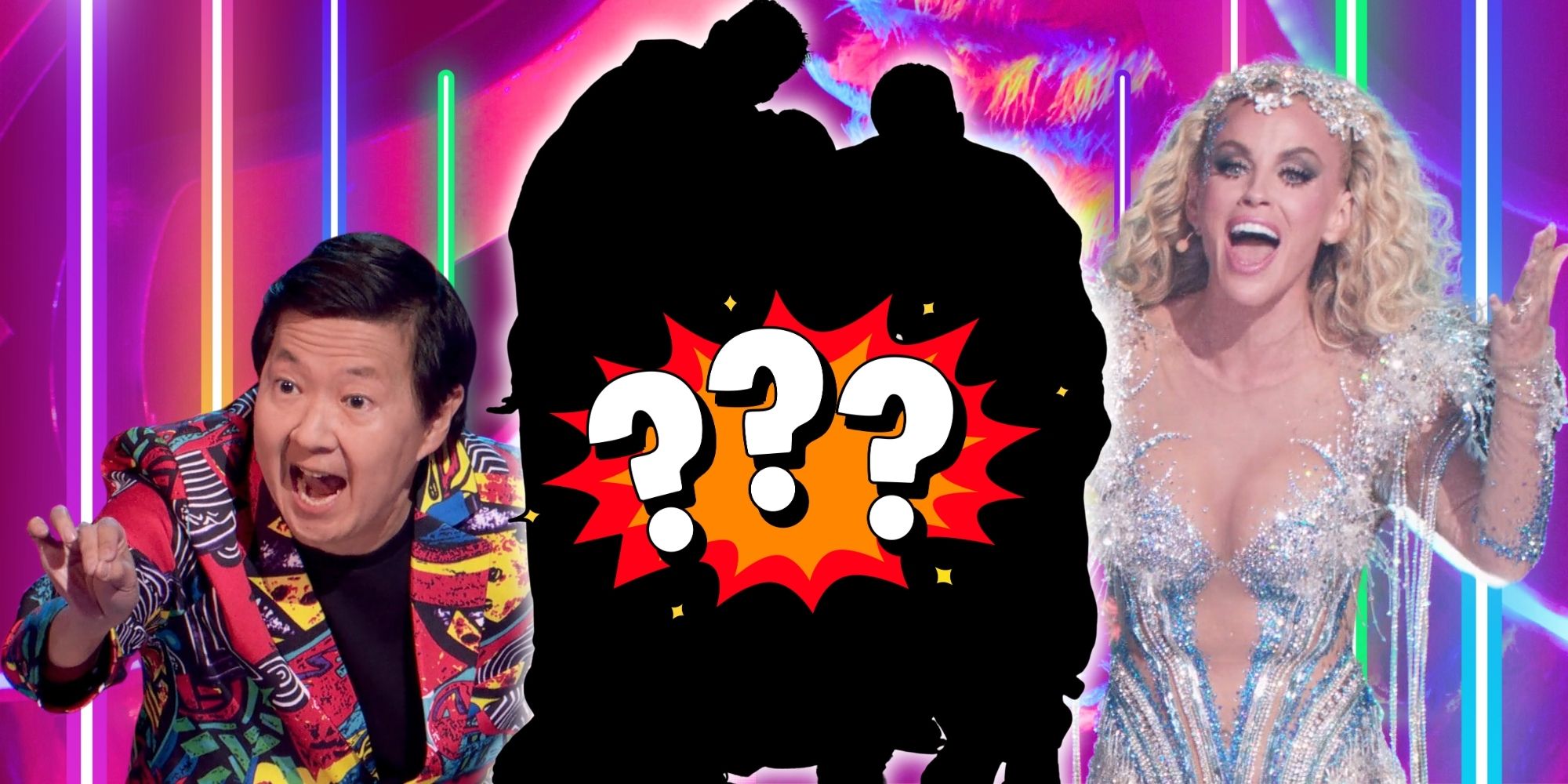 The Masked Singer&rsquo;s Ken Jeong and Jenny McCarthy looking excited with a mystery boy band.