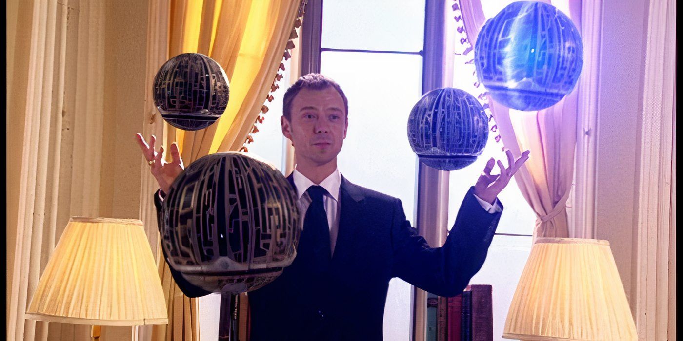 John Simm as The Master, surrounded by the Toclafane in his office, in the Doctor Who episode "The Sound of Drums."