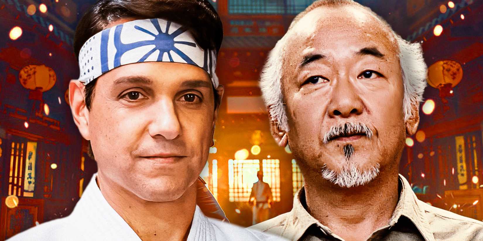 Custom image of Ralph Macchio as Daniel LaRusso in Cobra Kai and Pat Morita as Mr. Miyagi in The Karate Kid