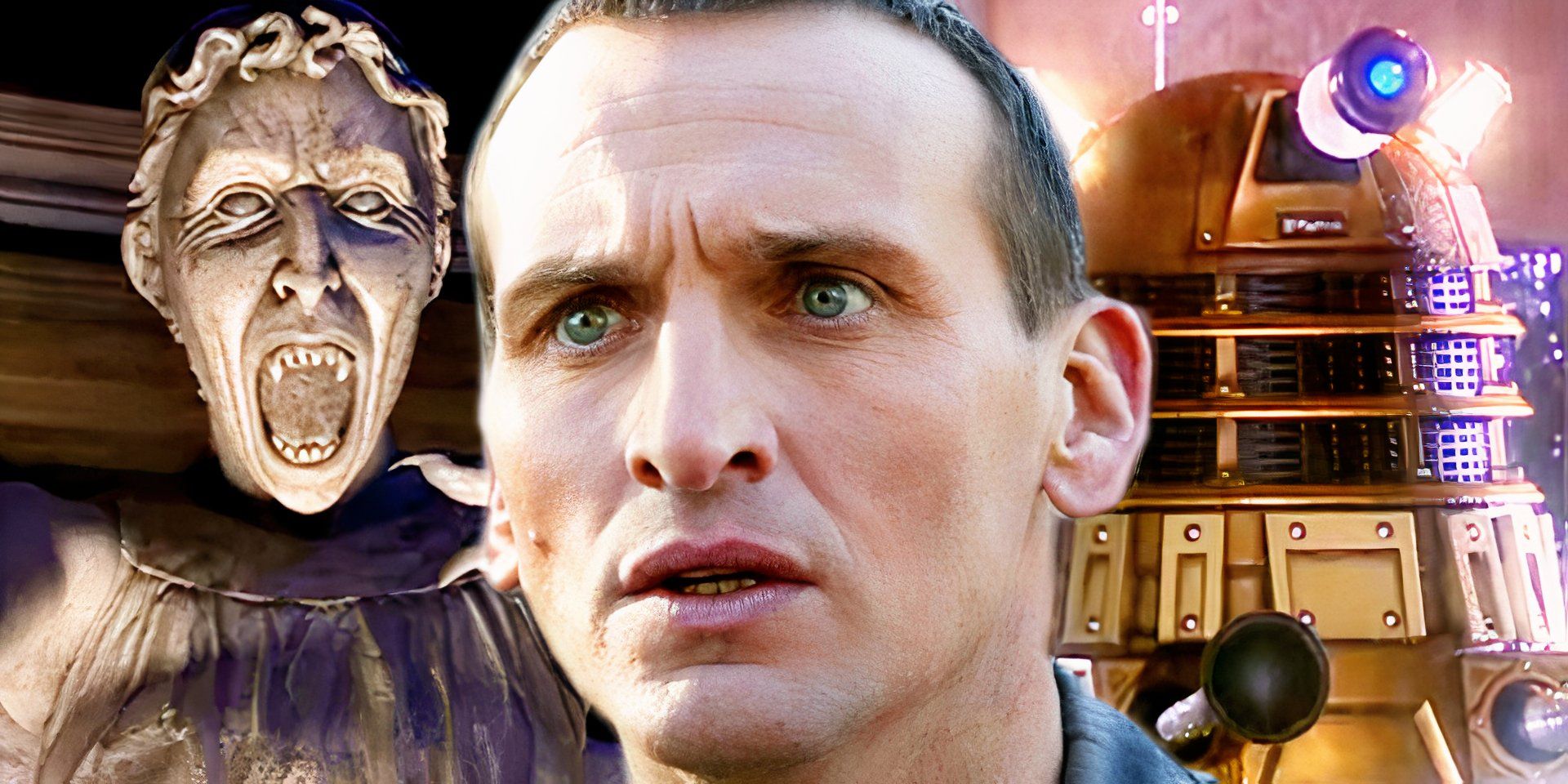 The Ninth Doctor looking concerned and the Dalek and Weeping Angels on the side in Doctor Who