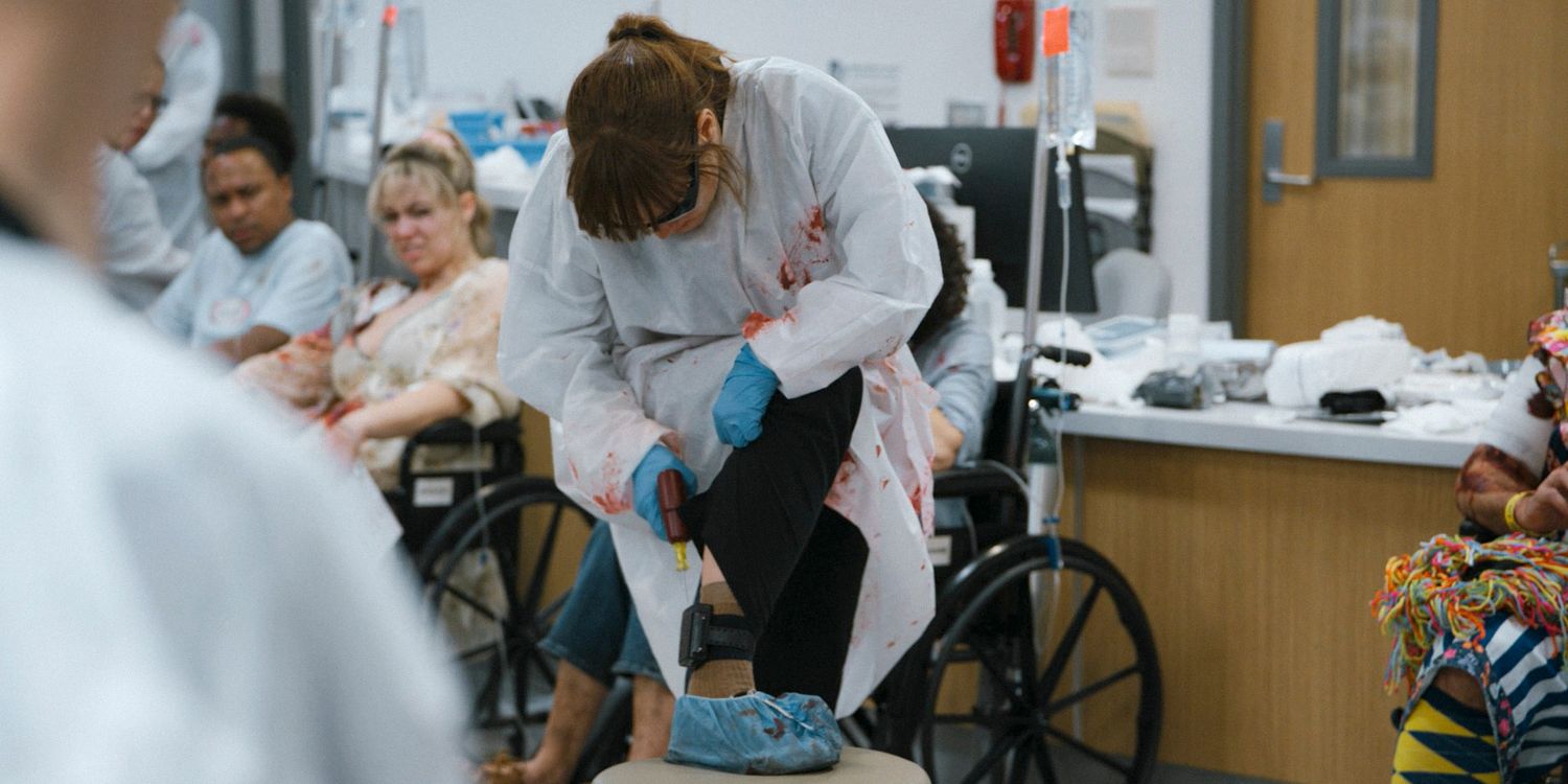 Dr. McKay (Fiona Dourif) drilling into her ankle monitor in The Pitt Season 1 Ep 13