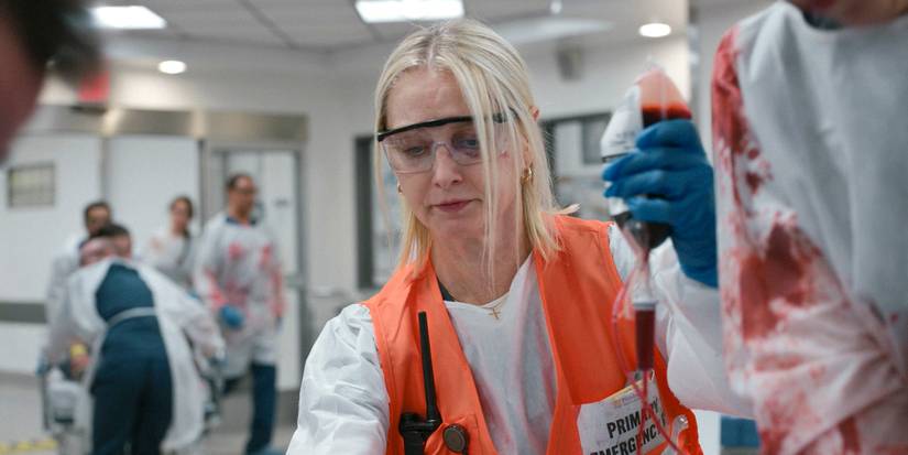 Dana Evans (Katherine LaNasa) giving blood to a patient in The Pitt Season 1 Ep 13