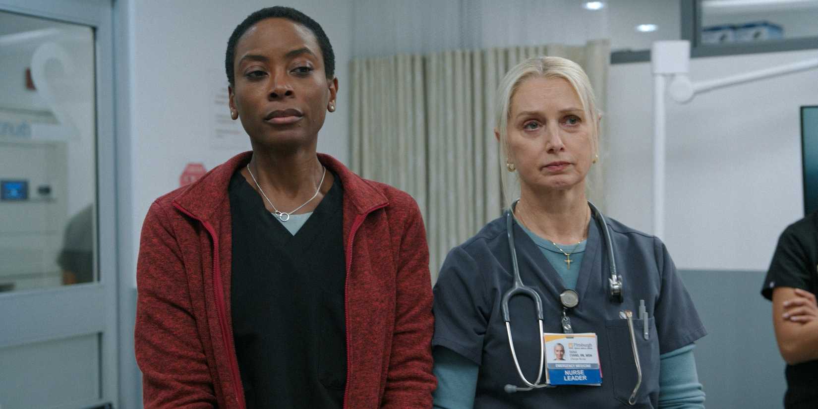 Dr. Heather Collins (Tracy Ifeachor) and Nurse Dana Evans (Katherine LaNasa) looking downcast in The Pitt Season 1 Ep 9