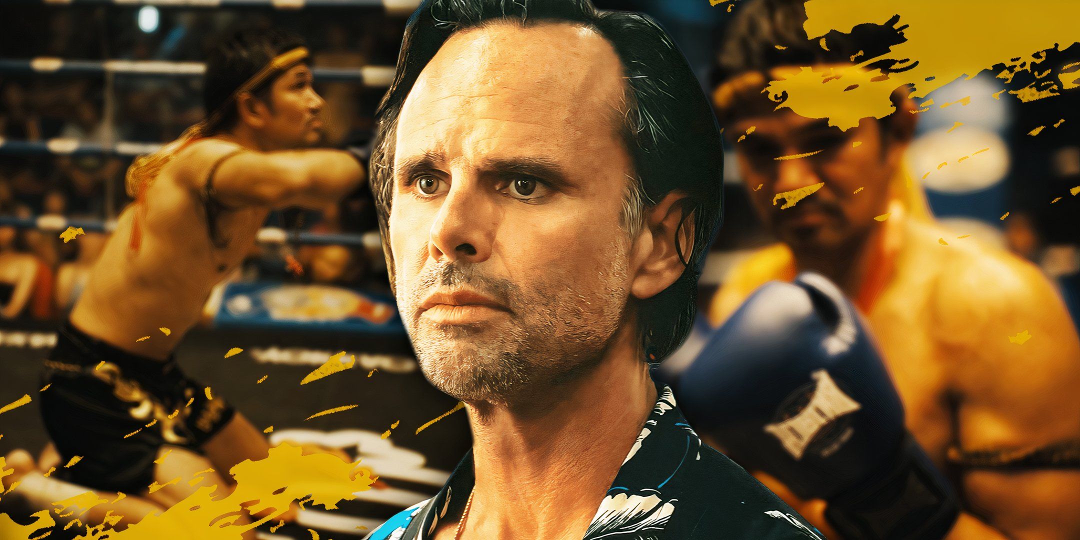 Walton Goggins as Rick in The White Lotus season 3 (2025) above blurred images of a Muay Thai fight