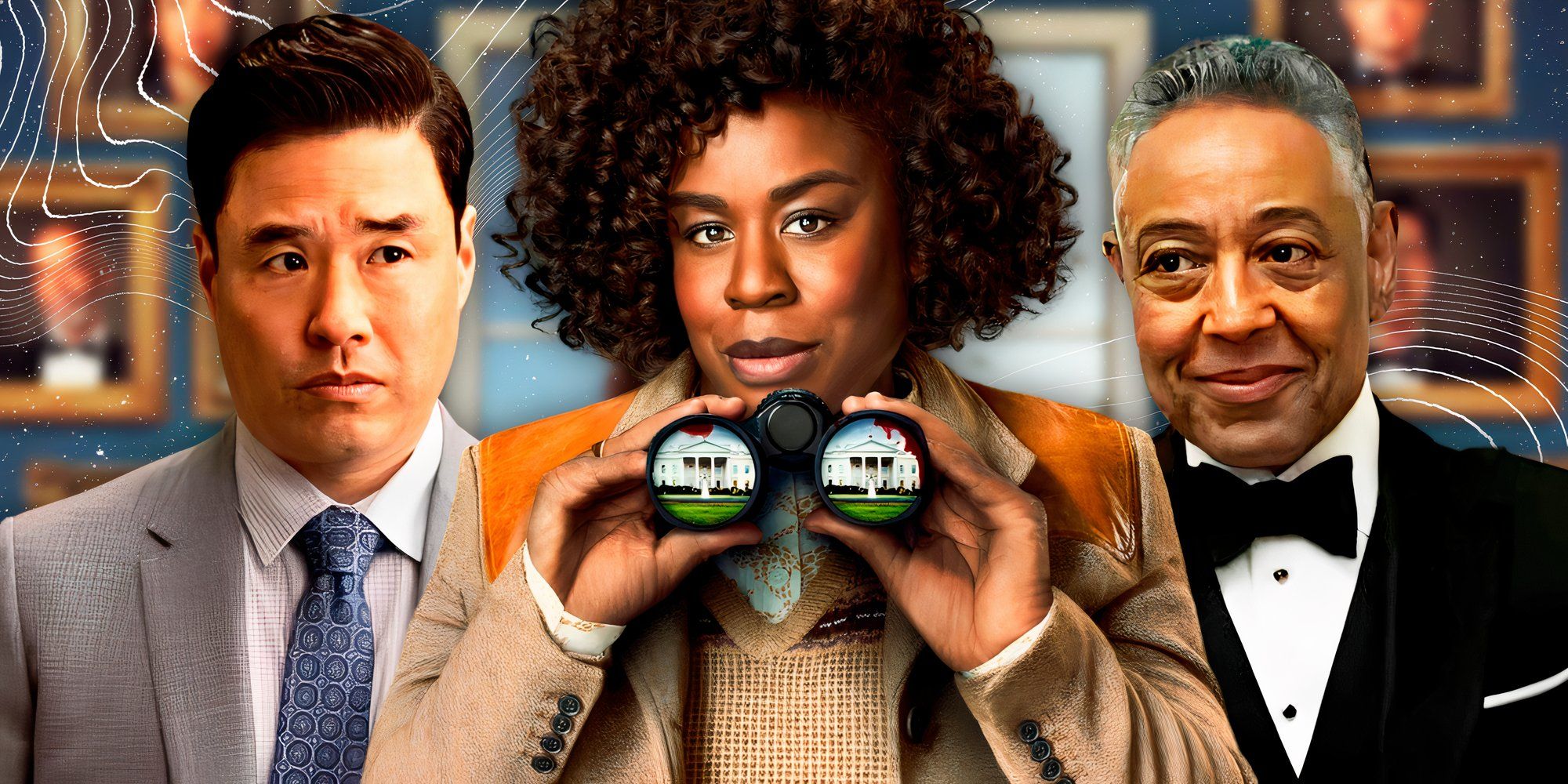 Randall Park as Edwin Park, Uzo Aduba as Cordelia Cupp, and Giancarlo Esposito as AB Wynter in The Residence.