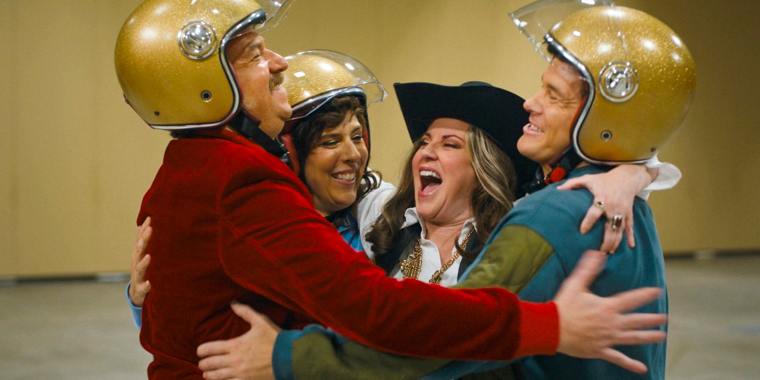 Jesse (Danny McBride), Judy (Edi Patterson), Lori (Megan Mullally), and Kelvin (Adam Devine) hugging in The Righteous Gemstones Season 4 Ep 2