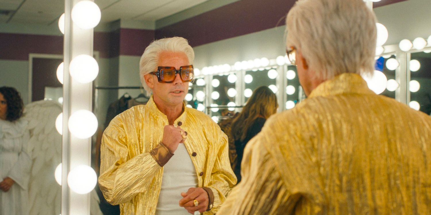 Baby Billy (Walton Goggins) looking at himself in the mirror, getting ready in The Righteous Gemstones Season 4 Ep 2