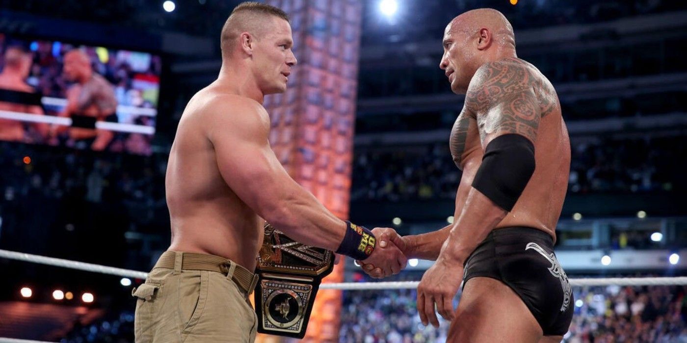 The Rock handshake with WWE Champion John Cena at WrestleMania 29