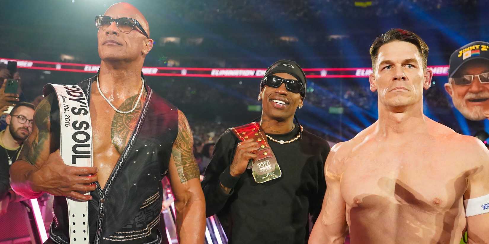 The Rock, Travis Scott, John Cena at WWE Elimination Chamber 2025