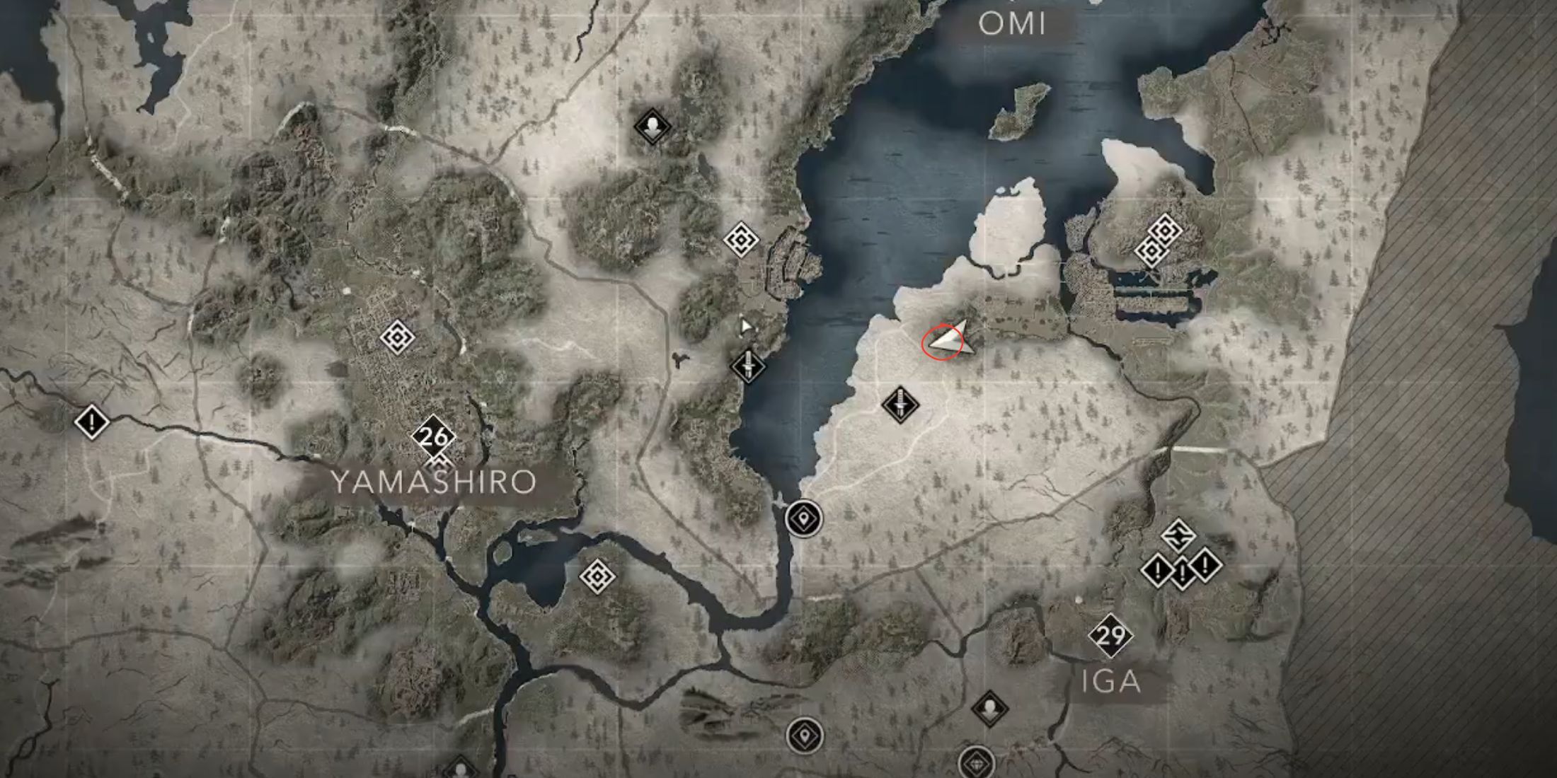 The location for The Shimmering Fields Jizo Statue in AC Shadows is shown on the map.