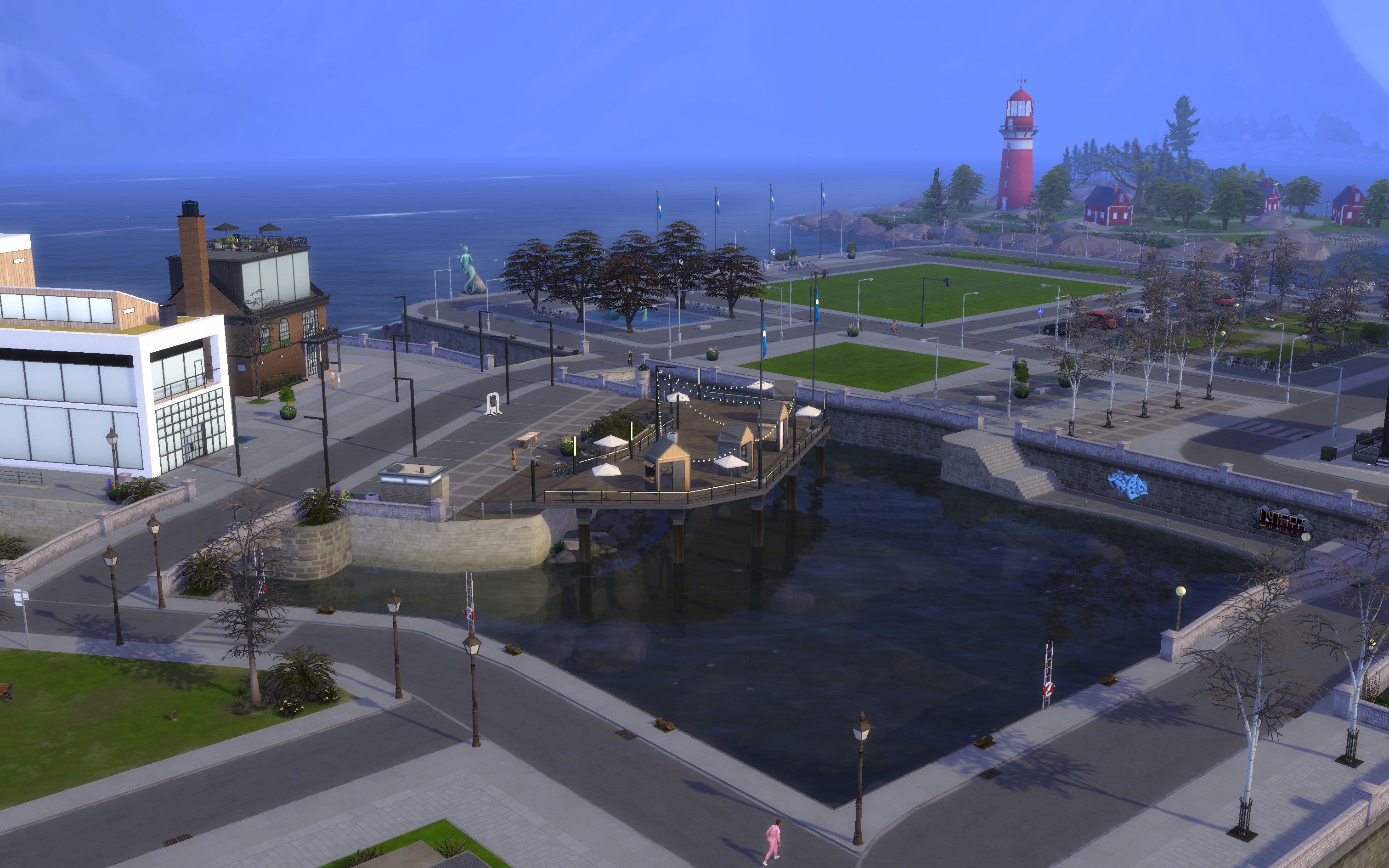 The Sims 4 Businesses &amp; Hobbies the world of Nordhaven, showing a canal, community area with stalls, and a lighthouse in the distance.