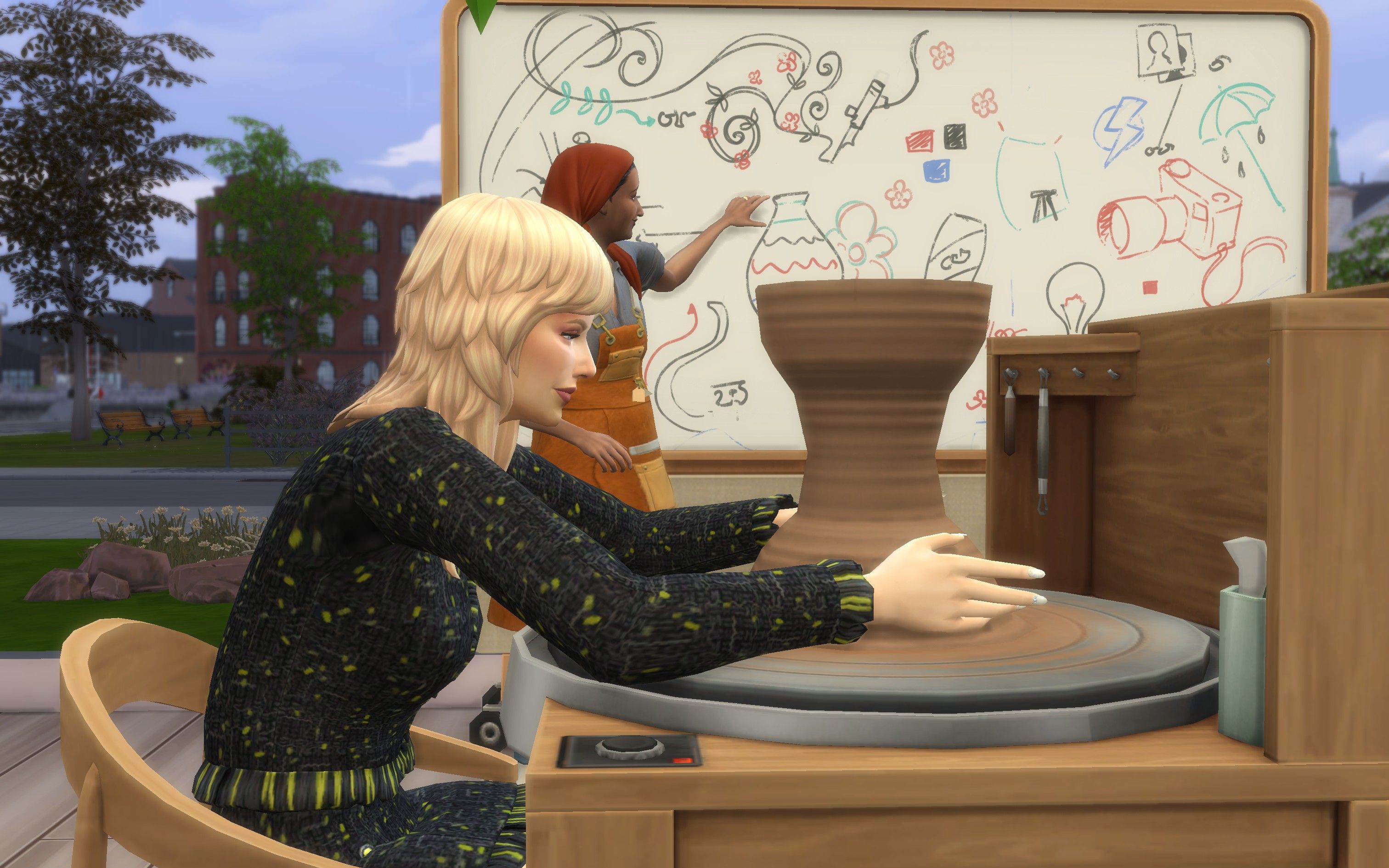 The Sims 4 Businesses &amp; Hobbies pottery class showing a Sim making a vase at a pottery wheel as another Sim gives a lecture at a whiteboard.