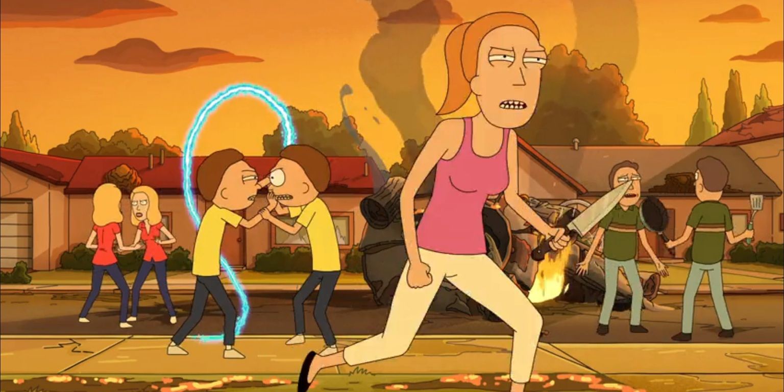 The Smiths fighting a decoy family in Rick and Morty