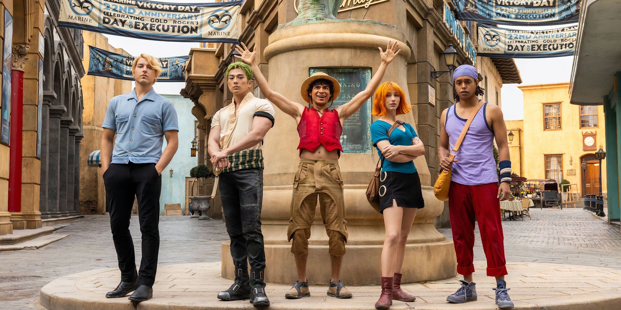 The Straw Hat Pirates looking cheerful on the Loguetown set from One Piece season 2