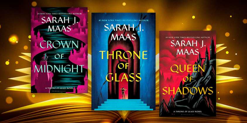 The covers of Crown of Midnight, Throne of Glass,, Queen of Shadows by Sarah J. Maas with an open book with its pages fanned out as the background