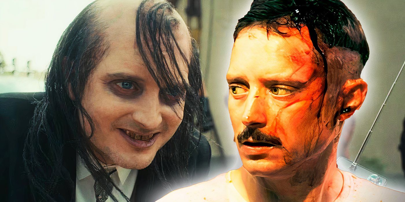 An edited image of Elijah Wood looking scared and covered in blood next to him in blood next to him in The Toxic Avenger.