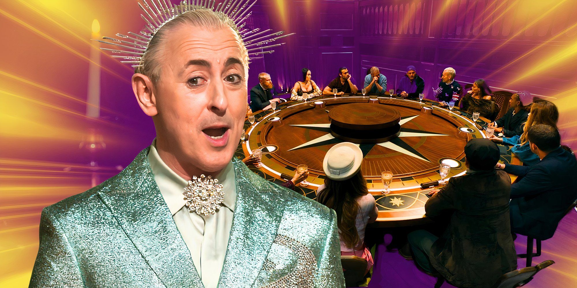 image of The Traitors host alan cummings with the round table behind him
