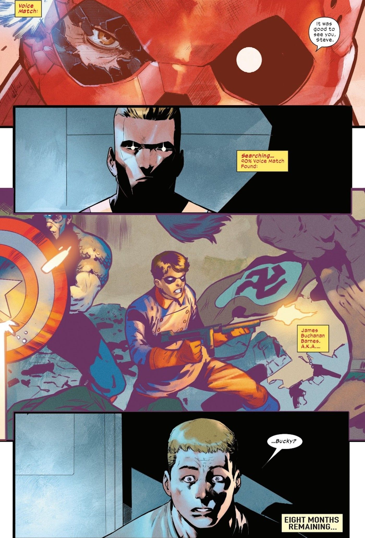 The Ultimates #10 Human Torch realizes that Grand Skull has Bucky Barnes' voice and Captain America is shocked