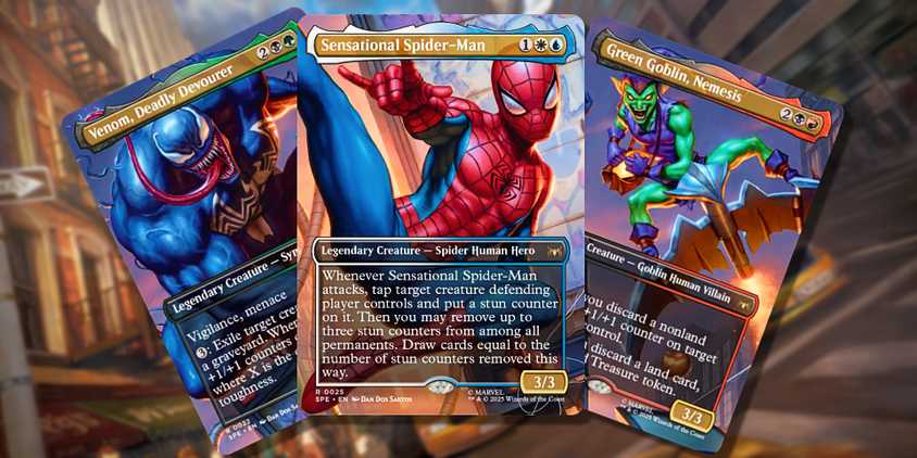 The Venom, Spider-Man, and Green Goblin cards from MTG's upcoming set, on a background showing art of an NYC street.