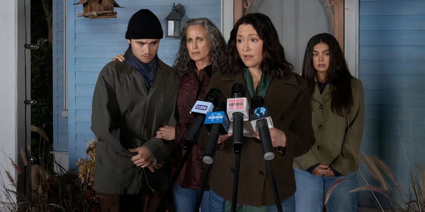 Kat talks to the media while, Alice, Del, and Jacob stand behind her solemnly in The Way Home season 3