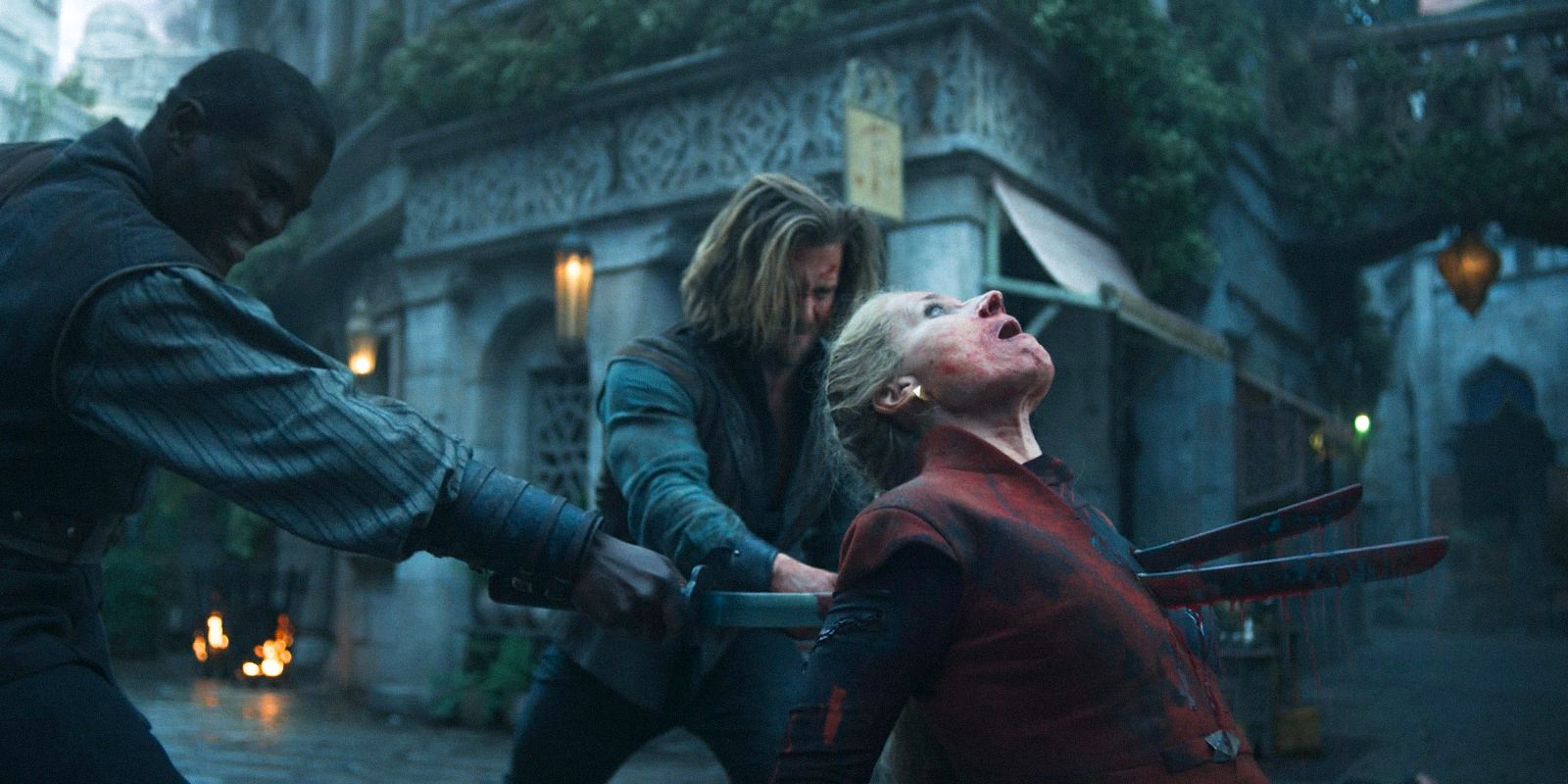Liandrin Guirale (Kate Fleetwood) is impaled by Maks and Ihvon&rsquo;s swords in The Wheel of Time Season 3 Ep 1