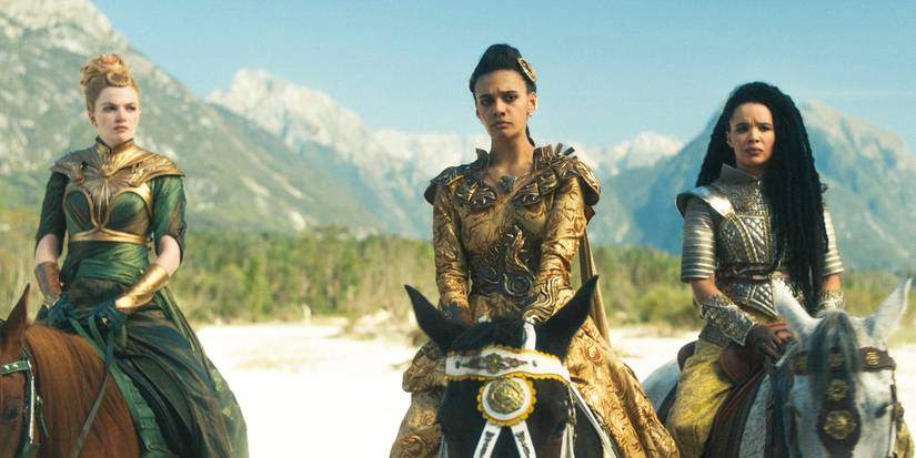 Elayne (Ceara Coveney), Egwene al'Vere (Madeleine Madden), and Nynaeve al'Meara (Zoë Robins) riding horses in The Wheel of Time Season 3 Ep 1