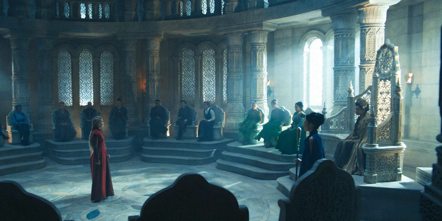 Liandrin Guirale (Kate Fleetwood) accuses Siuan Sanche (Sophie Okonedo) of violating the traditions of the White Tower in The Wheel of Time Season 3 Ep 1