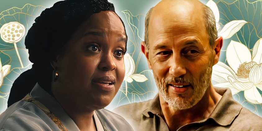 An edited image of Belinda looking concerned and Greg smiling in The White Lotus.