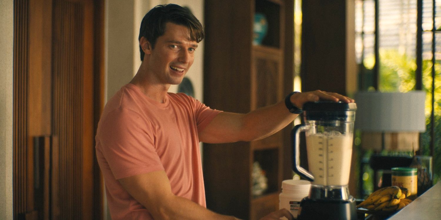 Saxon (Patrick Schwarzenegger) making a protein shake in The White Lotus Season 3 Ep 4