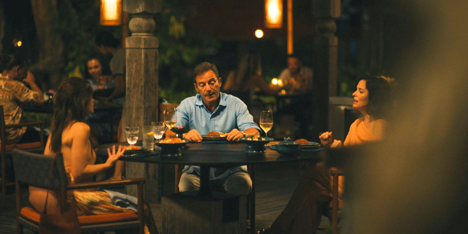Piper, Timothy, and Victoria having an argument during dinner in The White Lotus Season 3 Ep 5